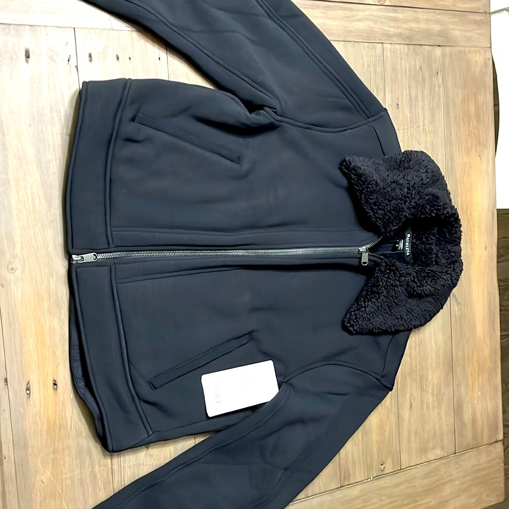 Athleta women’s black sherpa jacket.